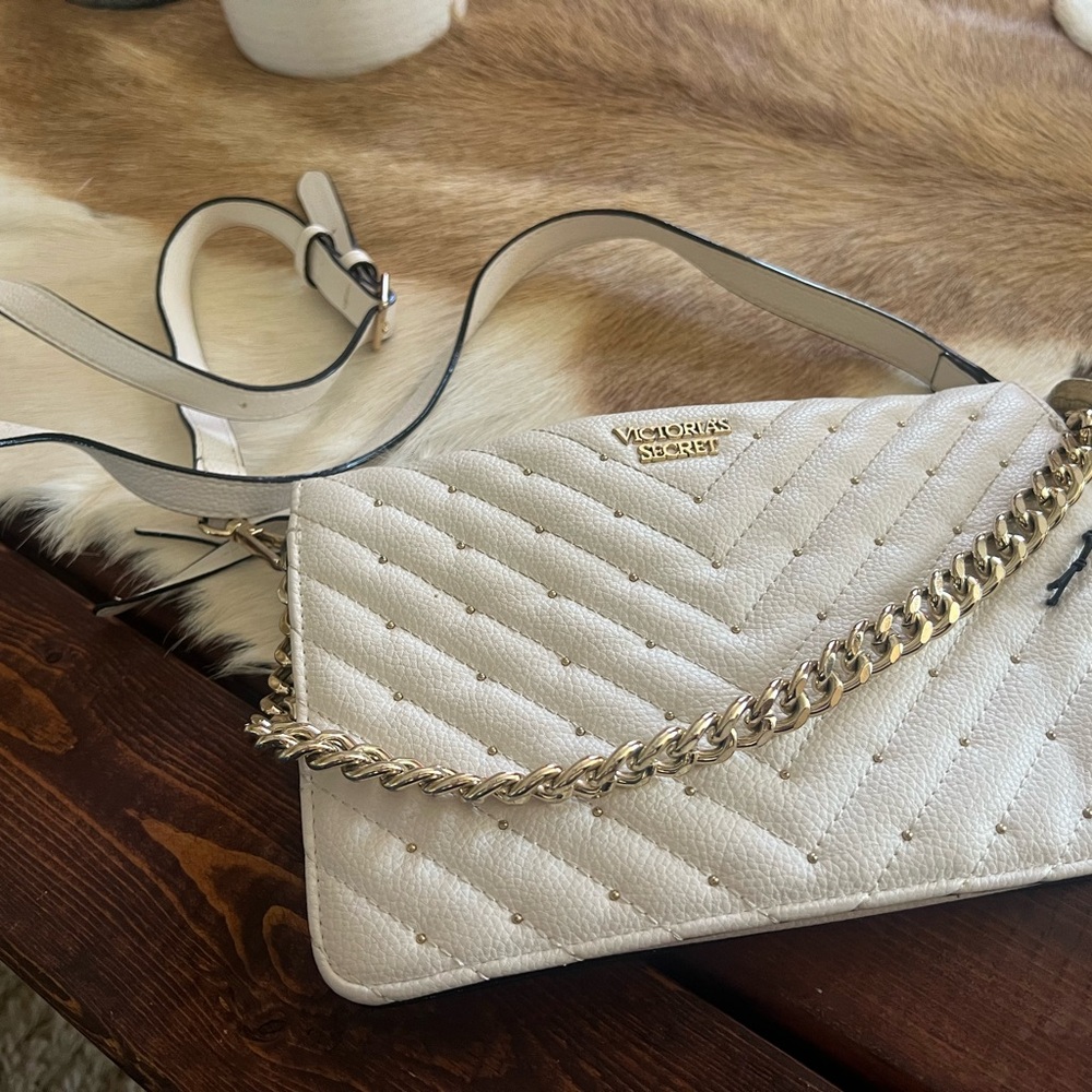 Victoria's Secret White Quilted Crossbody with Gold Chain